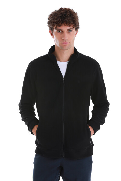 Siyah Regular Fit Tüylenme Yapmayan Soğuk Geçirmez Tam Fermuarlı Polar Sweatshirt 