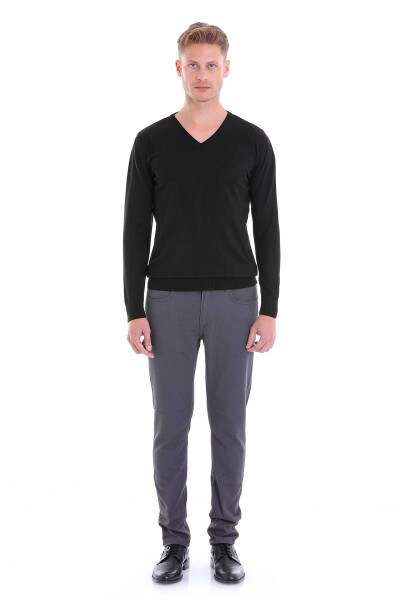 Siyah Comfort Fit V Yaka Yünlü Kazak - 4