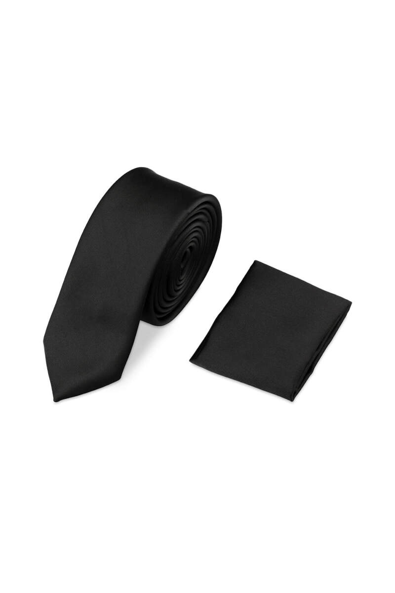 Siyah Saten Kravat Mendil Set - Saykı