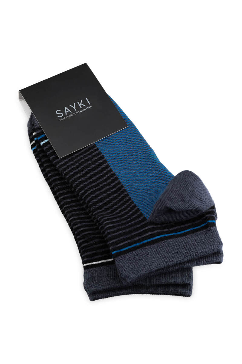 Siyah - Siyah 2'li Çizgili Kısa Çorap - Saykı