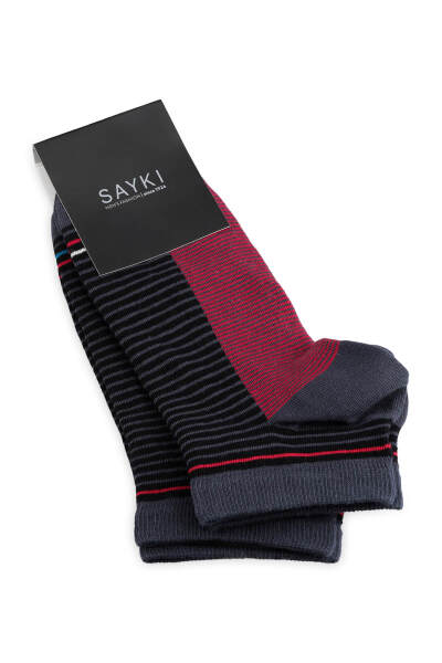 Siyah - Siyah 2'li Çizgili Kısa Çorap - 1