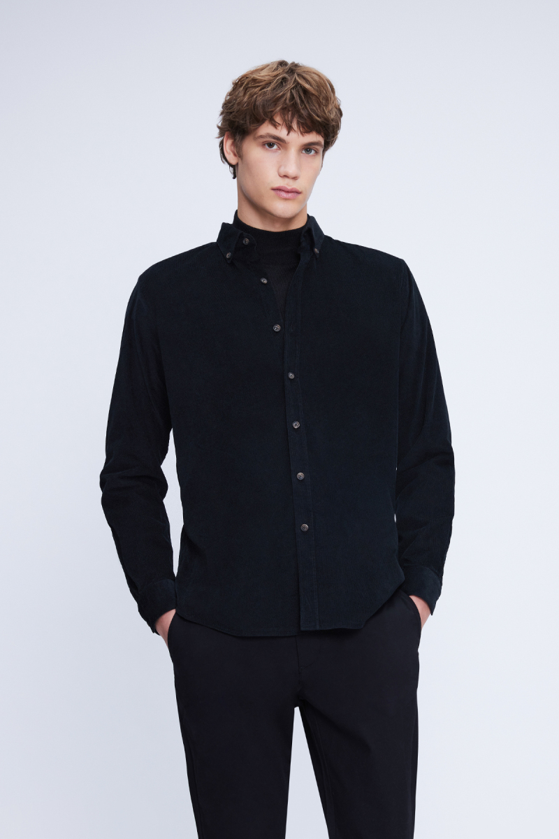 Siyah Slim Fit 100% Pamuklu Düğmeli Yaka Uzun Kollu Klasik Gömlek - Hatem Saykı