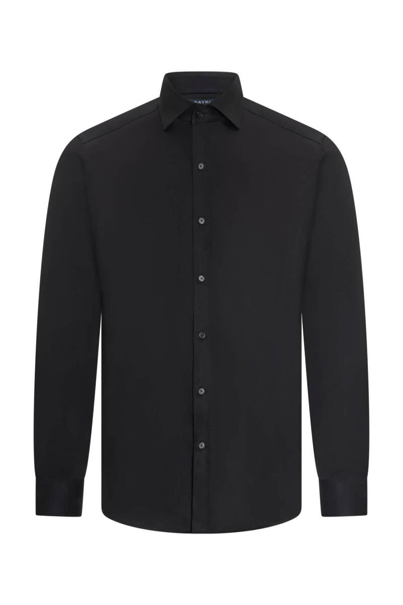 Siyah Slim Fit Açık İtalyan Yaka Uzun Kollu Saten Gömlek - Saykı