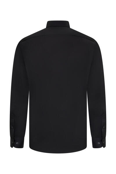 Siyah Slim Fit Açık İtalyan Yaka Uzun Kollu Saten Gömlek - 2