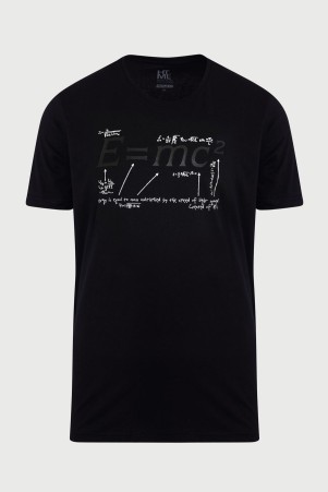 Siyah Slim Fit Baskılı %100 Pamuk Bisiklet Yaka Tişört 