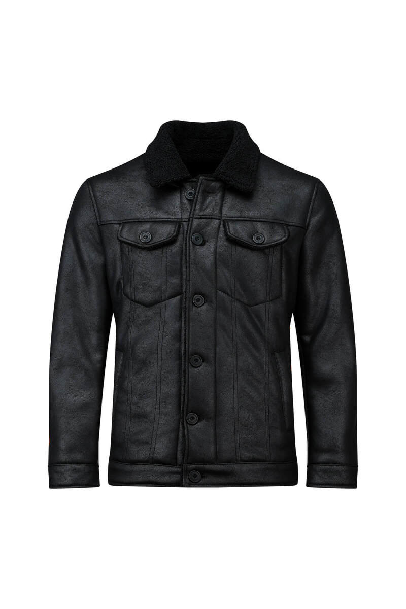 Siyah Slim Fit Bebe Yaka Deri Mont - HTML