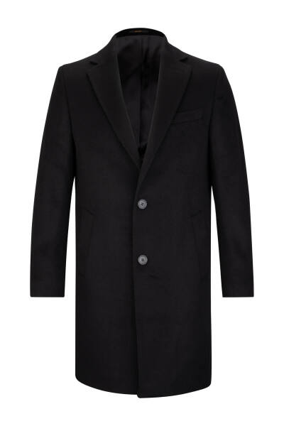 Siyah Slim Fit Ceket Yaka Yünlü Kaşe Palto - 1