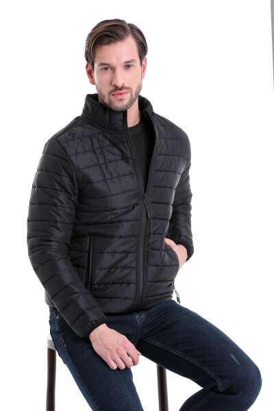 Siyah Slim Fit Düz Hakim Yaka Şişme Mont - 2
