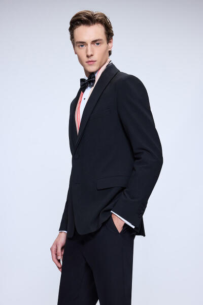 Siyah Slim Fit Çıkma Şal Yaka Klasik Damatlık - 5