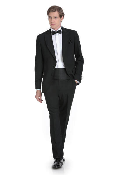 Siyah Slim Fit Çıkma Sivri Yaka Damatlık - 1