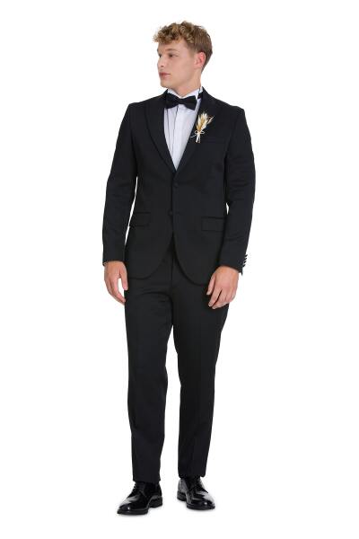 Siyah Slim Fit Çıkma Sivri Yaka Klasik Damatlık - 1