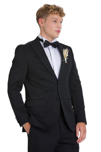 Siyah Slim Fit Çıkma Sivri Yaka Klasik Damatlık - 3