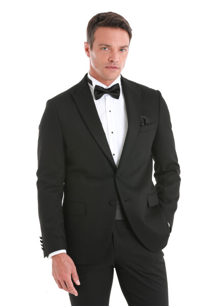 Siyah Slim Fit Desenli Çıkma Sivri Yaka Klasik Damatlık - 2