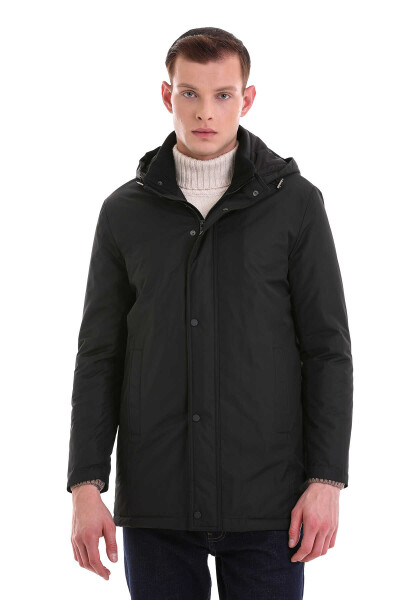 Siyah Slim Fit Desenli Hakim Yaka Kapüşonlu Kaban - Hatemoğlu