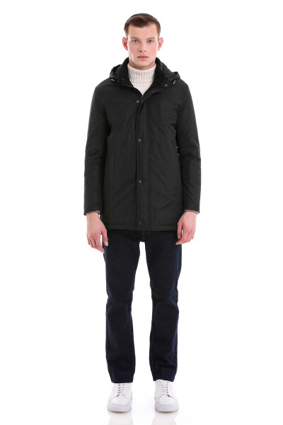 Siyah Slim Fit Desenli Hakim Yaka Kapüşonlu Kaban - 2