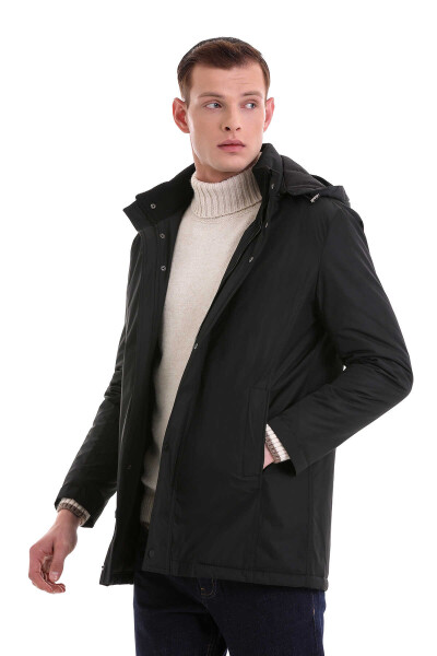 Siyah Slim Fit Desenli Hakim Yaka Kapüşonlu Kaban - 3