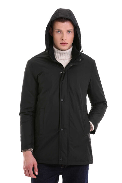 Siyah Slim Fit Desenli Hakim Yaka Kapüşonlu Kaban - 4