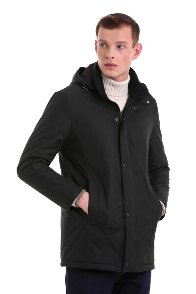 Siyah Slim Fit Desenli Hakim Yaka Kapüşonlu Kaban - 5