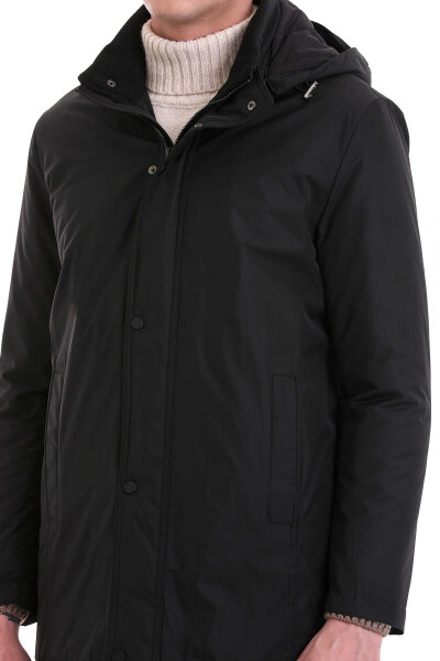 Siyah Slim Fit Desenli Hakim Yaka Kapüşonlu Kaban - 6