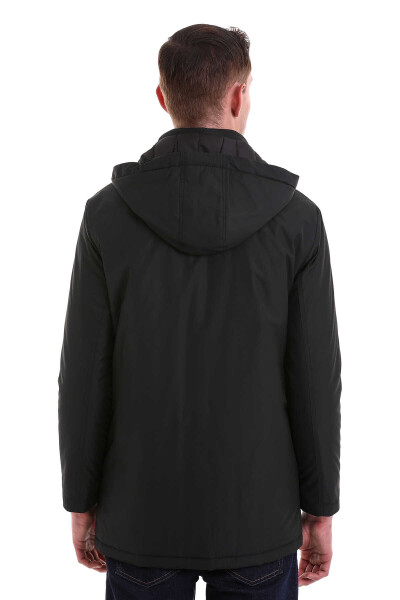 Siyah Slim Fit Desenli Hakim Yaka Kapüşonlu Kaban - 8