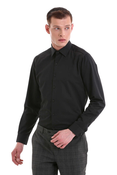Siyah Slim Fit Desenli Pamuklu Slim Yaka Uzun Kollu Klasik Gömlek - 3