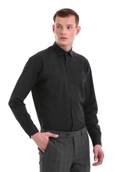 Siyah Slim Fit Desenli Pamuklu Slim Yaka Uzun Kollu Klasik Gömlek - 4