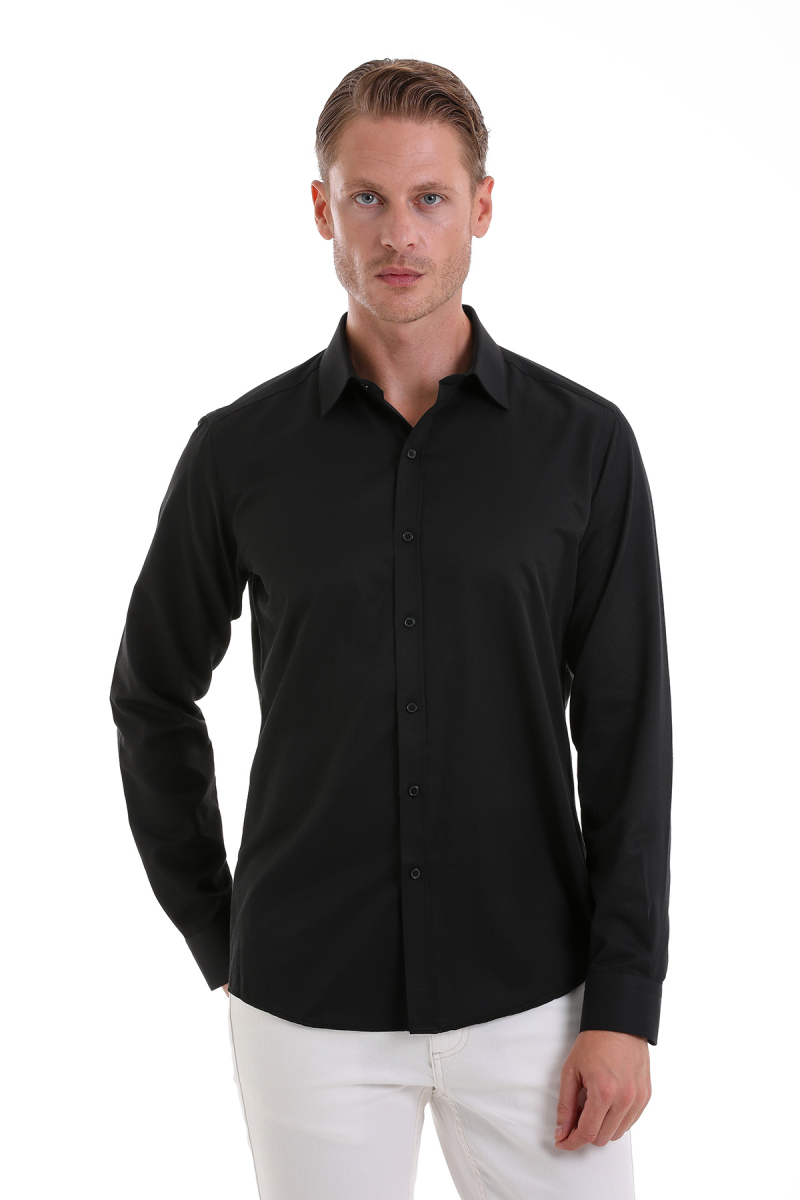 Siyah Slim Fit Desenli Pamuklu Slim Yaka Uzun Kollu Spor Gömlek - Hatemoğlu