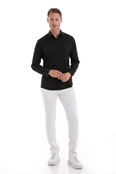 Siyah Slim Fit Desenli Pamuklu Slim Yaka Uzun Kollu Spor Gömlek - 2