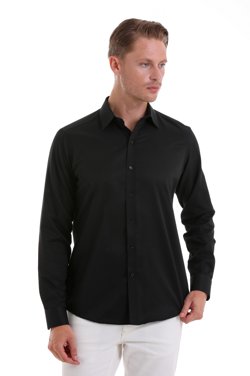 Siyah Slim Fit Desenli Pamuklu Slim Yaka Uzun Kollu Spor Gömlek - Hatemoğlu (1)