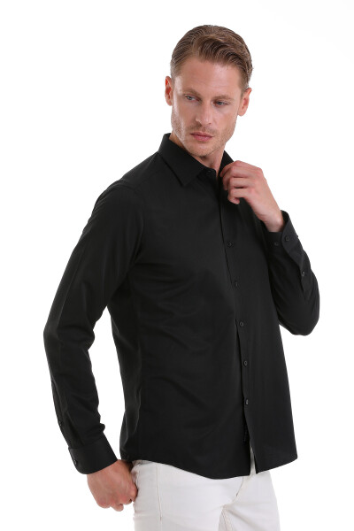 Siyah Slim Fit Desenli Pamuklu Slim Yaka Uzun Kollu Spor Gömlek - 4