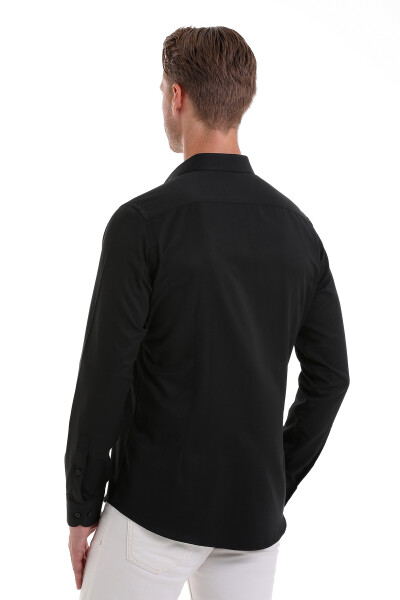 Siyah Slim Fit Desenli Pamuklu Slim Yaka Uzun Kollu Spor Gömlek - 6