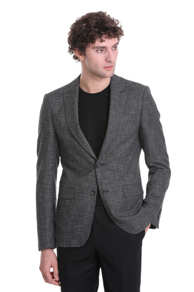 Siyah Slim Fit Desenli Sivri Yaka Klasik Keten Takım Elbise - 2