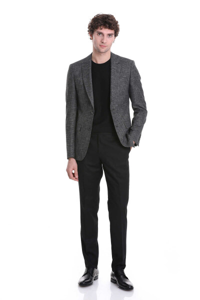 Siyah Slim Fit Desenli Sivri Yaka Klasik Keten Takım Elbise - 1