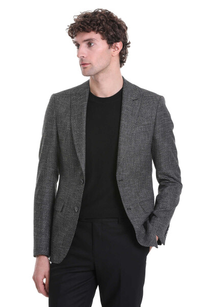 Siyah Slim Fit Desenli Sivri Yaka Klasik Keten Takım Elbise - 3