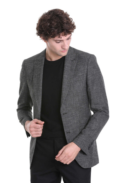 Siyah Slim Fit Desenli Sivri Yaka Klasik Keten Takım Elbise - 4