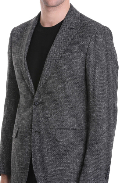 Siyah Slim Fit Desenli Sivri Yaka Klasik Keten Takım Elbise - 6