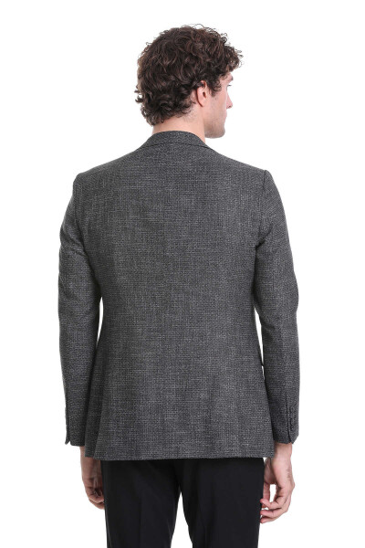 Siyah Slim Fit Desenli Sivri Yaka Klasik Keten Takım Elbise - 7