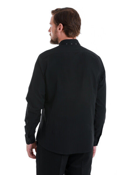 Siyah Slim Fit Slim Yaka Pamuklu Uzun Kollu Gömlek - 5