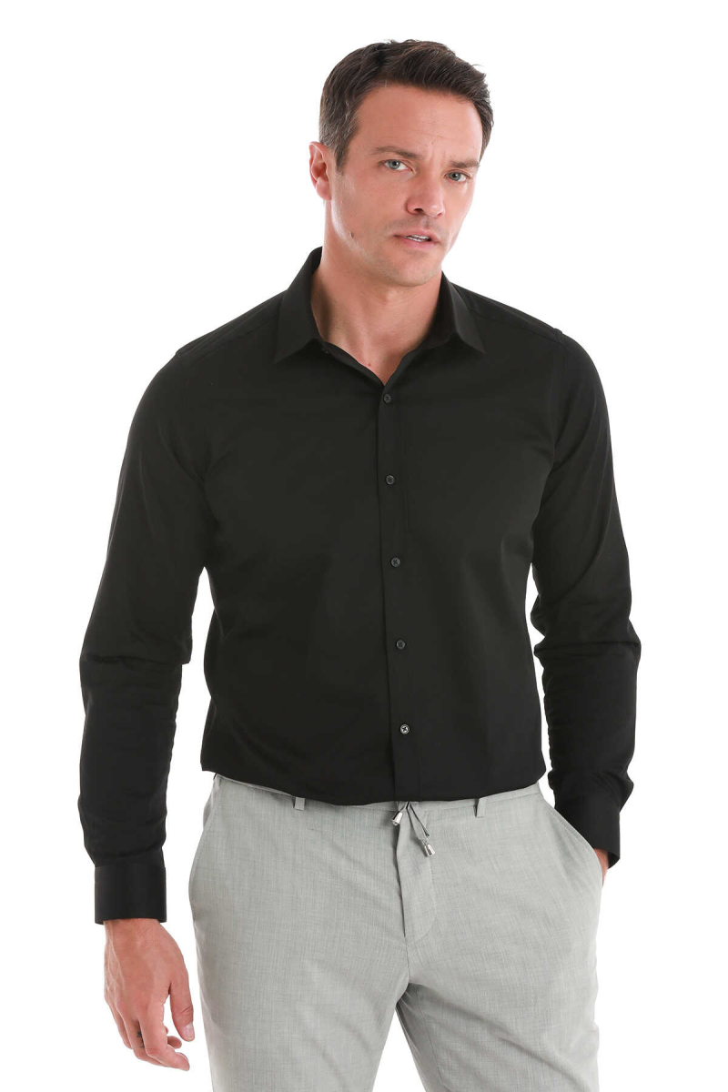 Siyah Slim Fit 100% Pamuk Slim Yaka Uzun Kollu Saten Gömlek - Hatem Saykı
