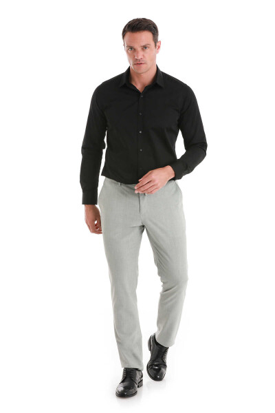 Siyah Slim Fit 100% Pamuk Slim Yaka Uzun Kollu Saten Gömlek - 2