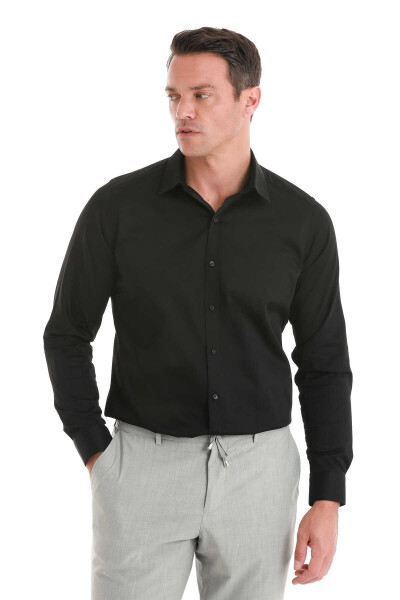 Siyah Slim Fit 100% Pamuk Slim Yaka Uzun Kollu Saten Gömlek - 3