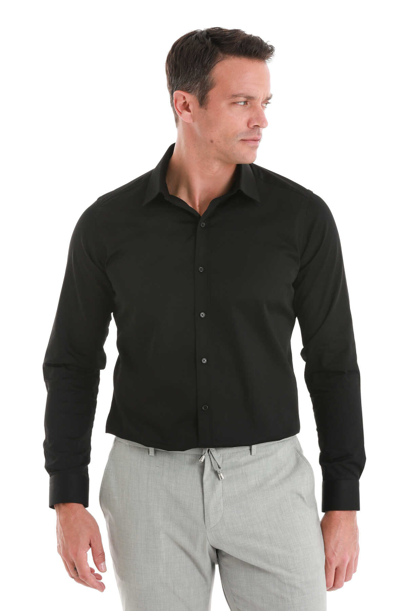 Siyah Slim Fit 100% Pamuk Slim Yaka Uzun Kollu Saten Gömlek - Hatem Saykı (1)