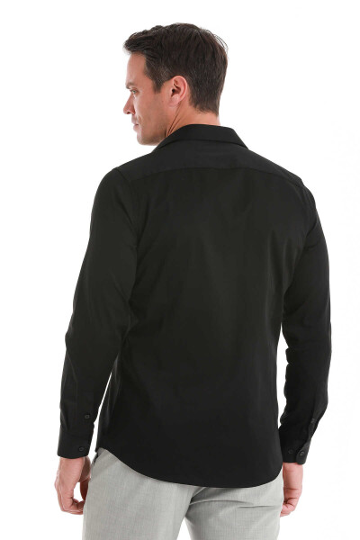 Siyah Slim Fit 100% Pamuk Slim Yaka Uzun Kollu Saten Gömlek - 6