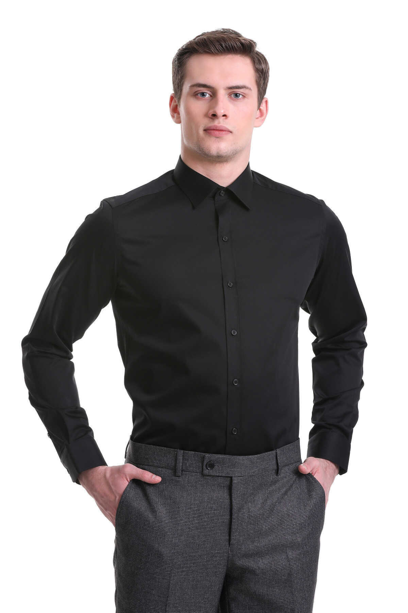 Siyah Slim Fit 100% Pamuklu Slim Yaka Uzun Kollu Casual Saten Gömlek - Hatem Saykı (1)