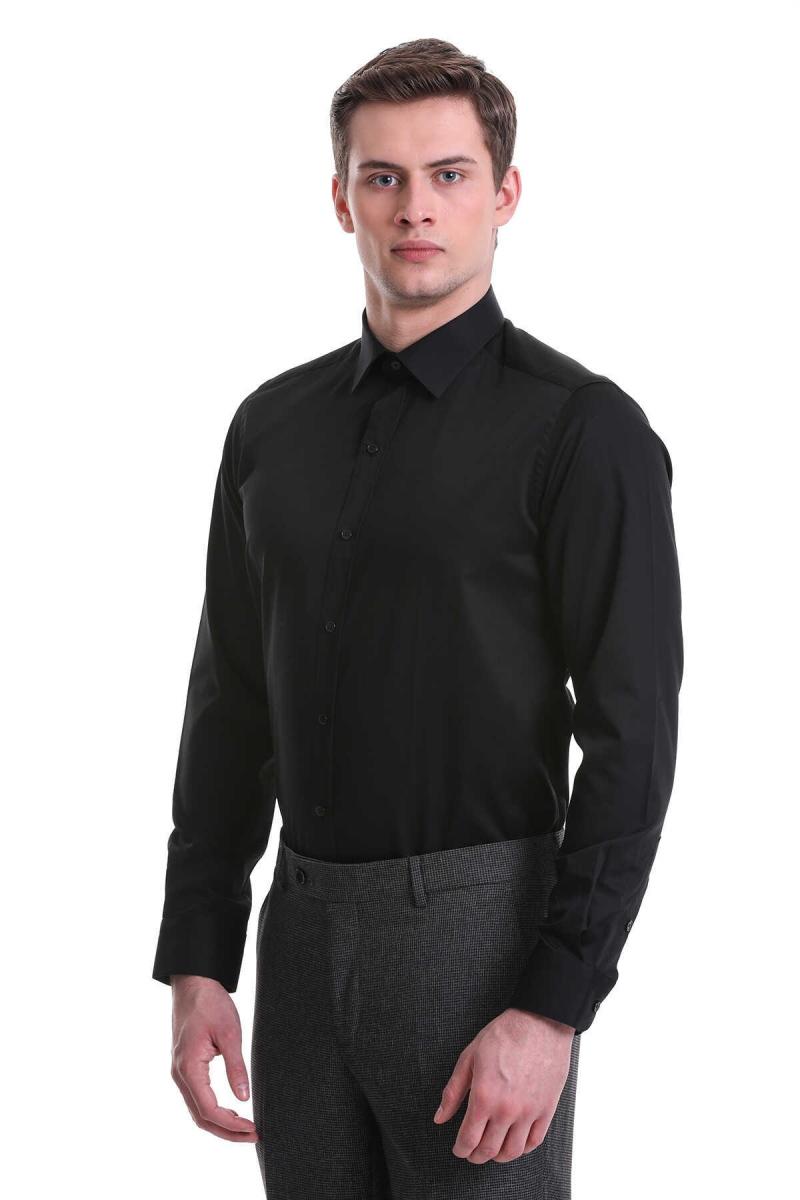Siyah Slim Fit 100% Pamuklu Slim Yaka Uzun Kollu Casual Saten Gömlek - Hatem Saykı (1)