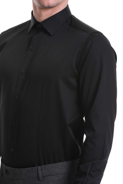 Siyah Slim Fit 100% Pamuklu Slim Yaka Uzun Kollu Casual Saten Gömlek - 5
