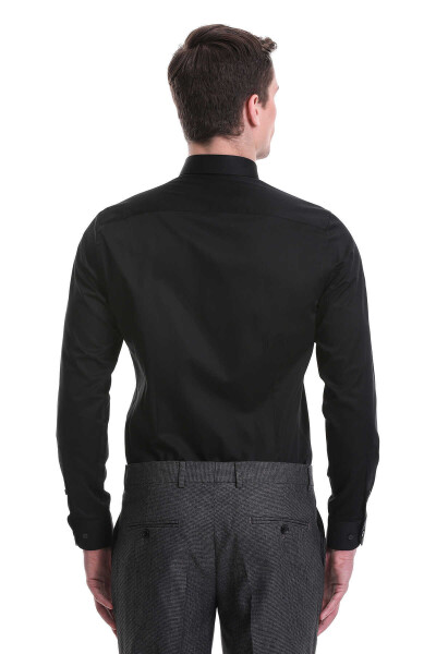 Siyah Slim Fit 100% Pamuklu Slim Yaka Uzun Kollu Casual Saten Gömlek - 6