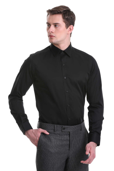 Siyah Slim Fit 100% Pamuklu Slim Yaka Uzun Kollu Casual Saten Gömlek - 8