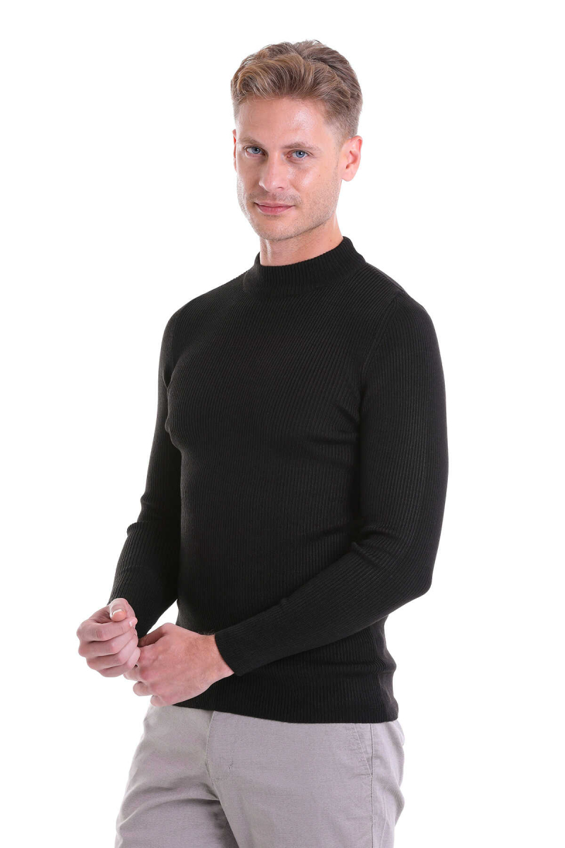 Siyah Slim Fit Fitilli Yarım Balıkçı Yaka Yünlü Kazak - Hatemoğlu