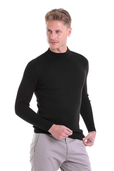 Siyah Slim Fit Fitilli Yarım Balıkçı Yaka Yünlü Kazak - 2